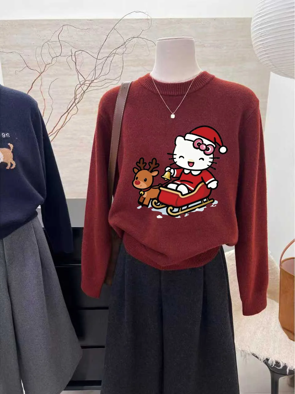 

Festive Wine Red Knitted Sweater Long Sve round Ne Women's Sle Snowmobile KT Print Warm Top for Autumn Winter
