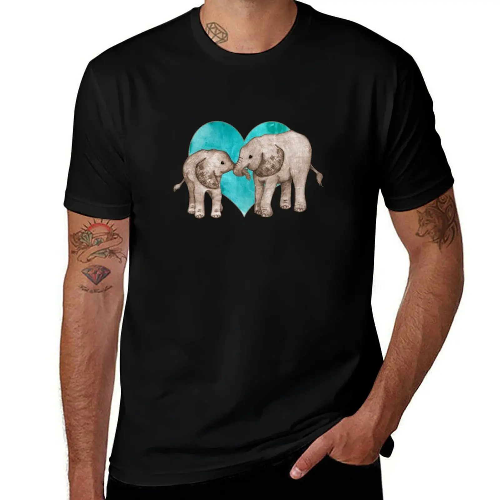 Baby Elephant Love - sepia on teal watercolour T-Shirt Christmas Theme Tee Top