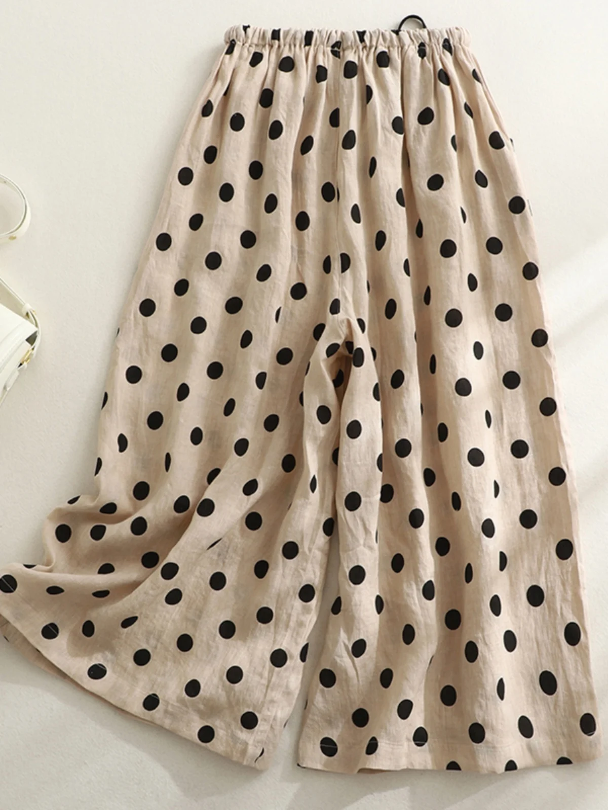 

Plus Size Artistic Simple Polka Dot Print Cotton Linen Wide Leg Pants plus Size Women's Loose Waist Casual Skirt Pants Linen ...