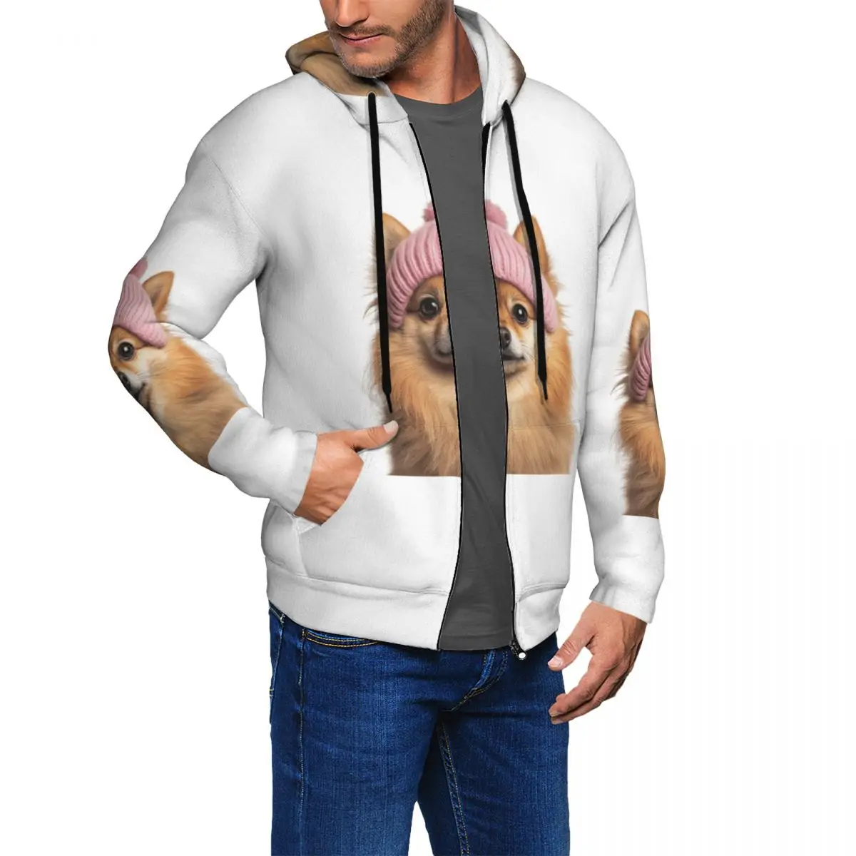 Cozy Pomeranian Dog Wearing Pink Winter Hat Trendy Animal Zipper Hoodie Autumn Winter Men's Women's Sweatshirts Long Sleeve Tops