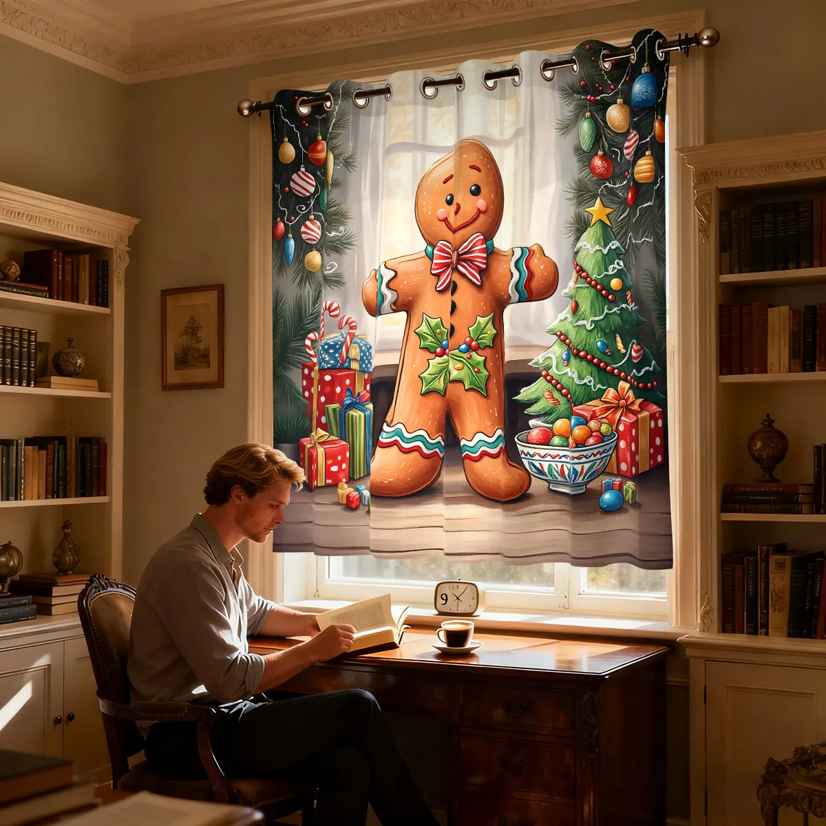 Christmas Gingerbread Man Xmas Decor Single Panel Loop Curtain, Door Hanging Curtain Living Room Bedroom Fashion Home Ornamen view 6