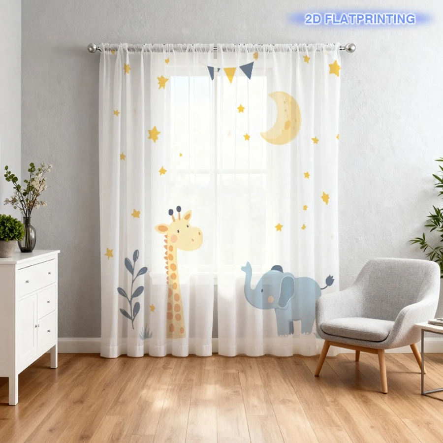 2PCS Digital Print Sheer Curtain, Star Moon Giraffe, Modern Minimalist Window Curtains for Living Room Bedroom Home Decor