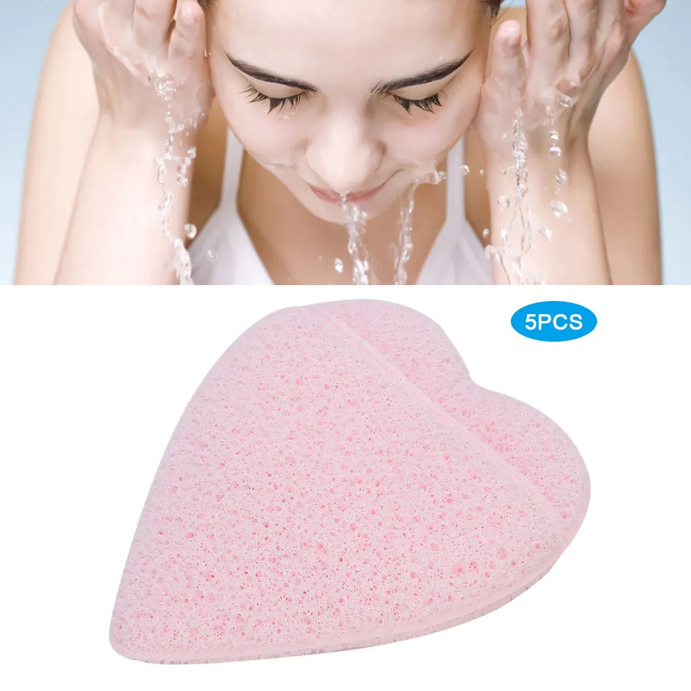 5pcs Heart Shaped Face Cleaning Sponge Exfoliating Makeup Removal Face Washing Pads Face Puff