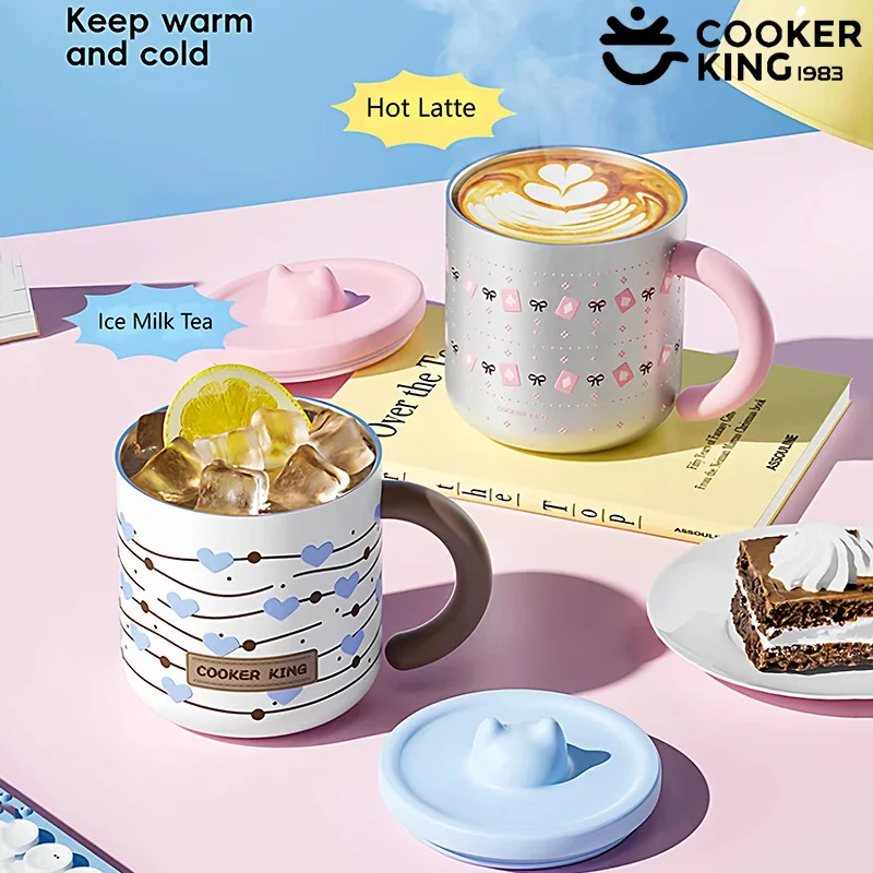 Taza Termo de acero inoxidable COOKER KING, taza de café bonita y creativa con tapa, aislamiento térmico, Taza Termo anticaída, taza de agua para el hogar