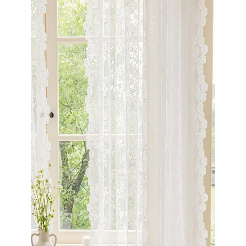 French Light Luxury Style Warp Knitted Flower Lace White Gauze Living Room Bedroom Balcony Decorative Curtains