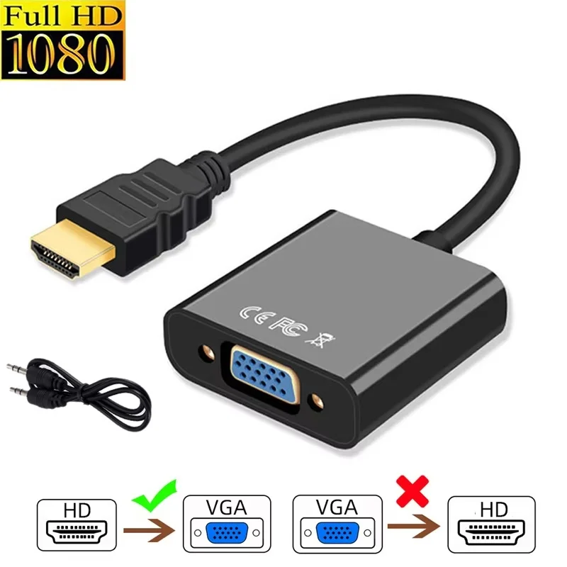 Vollständiger 1080P HDMI-kompatibler Buchse-zu-VGA-Stecker-Adapter, HDTV-zu-VGA-Konverter mit 3,5-mm-Audiokabel für TV-Box, Display, Projektor