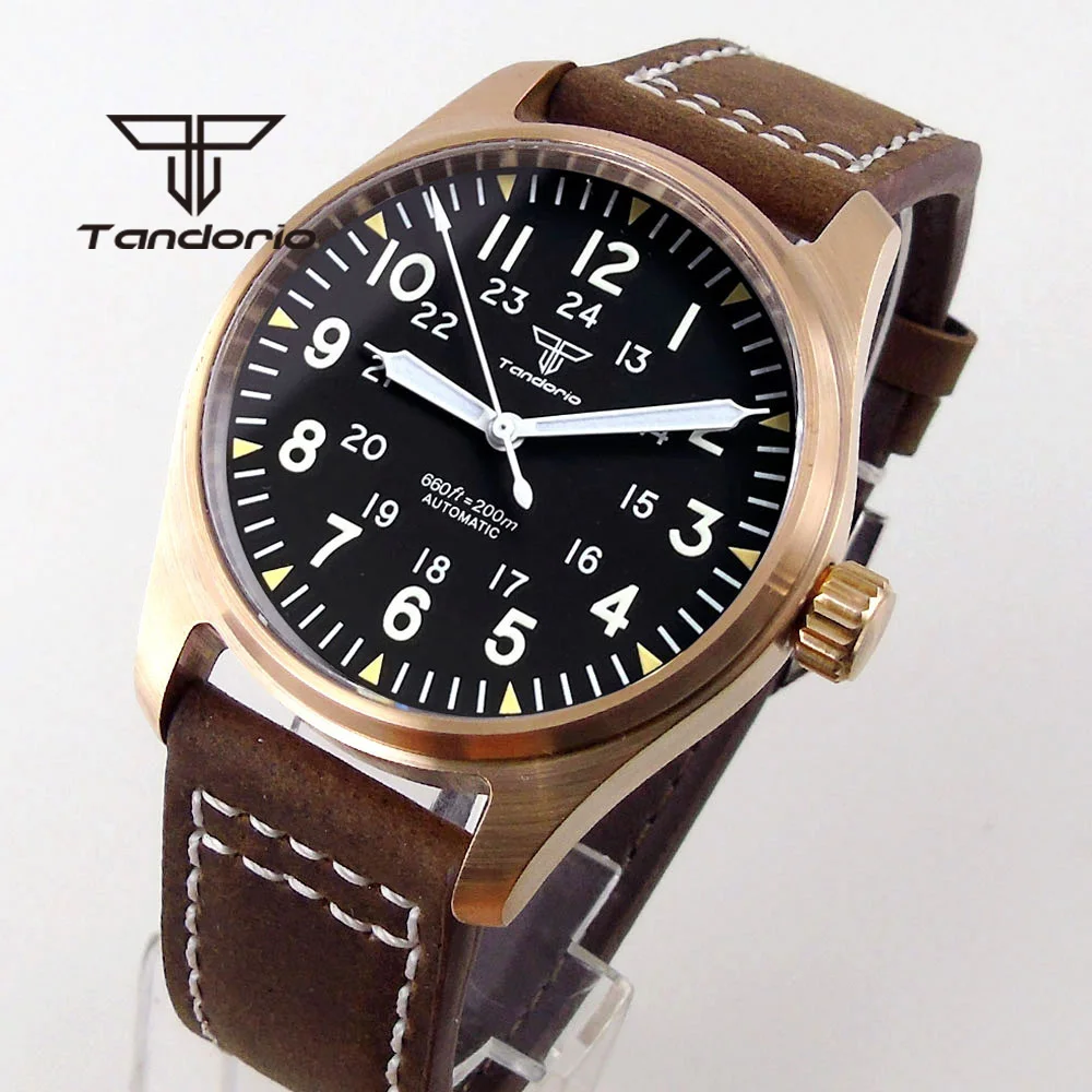 Tandorio Real Cusn8 Bronze Luxus 200M Diver Automatik Herrenuhr NH35 PT5000 Saphirglas Leder Schraubkrone Grün leuchtend