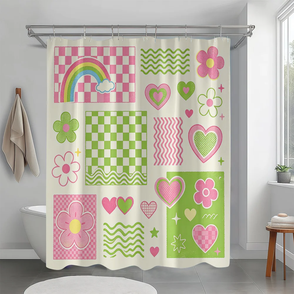 Retro Cute Patchwork Shower Curtain, Pink Green Check Rainbow Heart Floral Wave Collage Pattern, Waterproof Polyester Bathroom