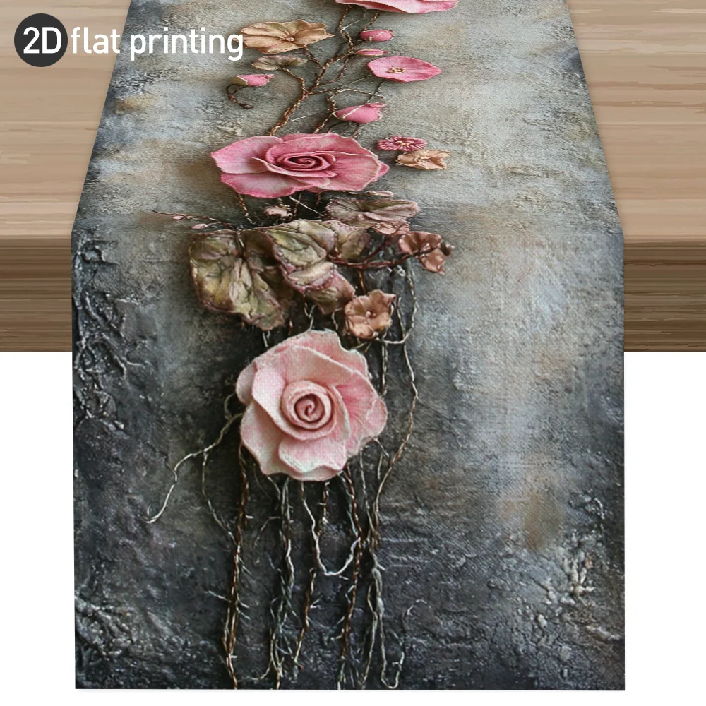 Blue Grey Pink Rose Flowers Table Runner - European Classical Floral Table Cover for Living Room Coffee Table Decor