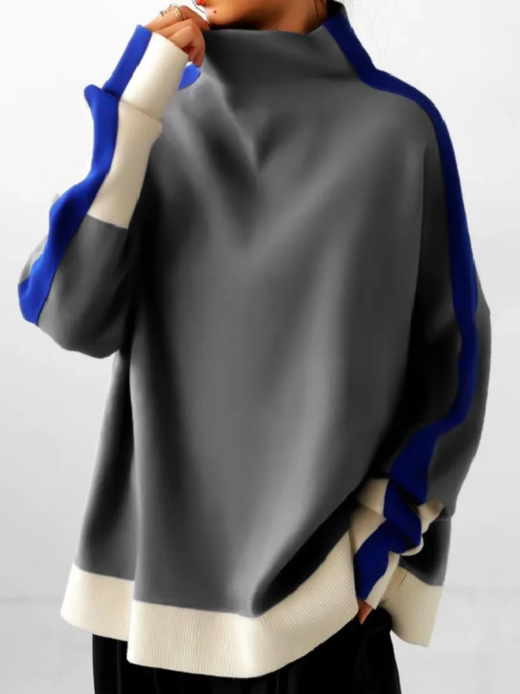

Women's High Neck Oversized Sweatshirt Fashion Contrast Color Long Sleeves Casual Loose Pullover Tops 2026 New Spring