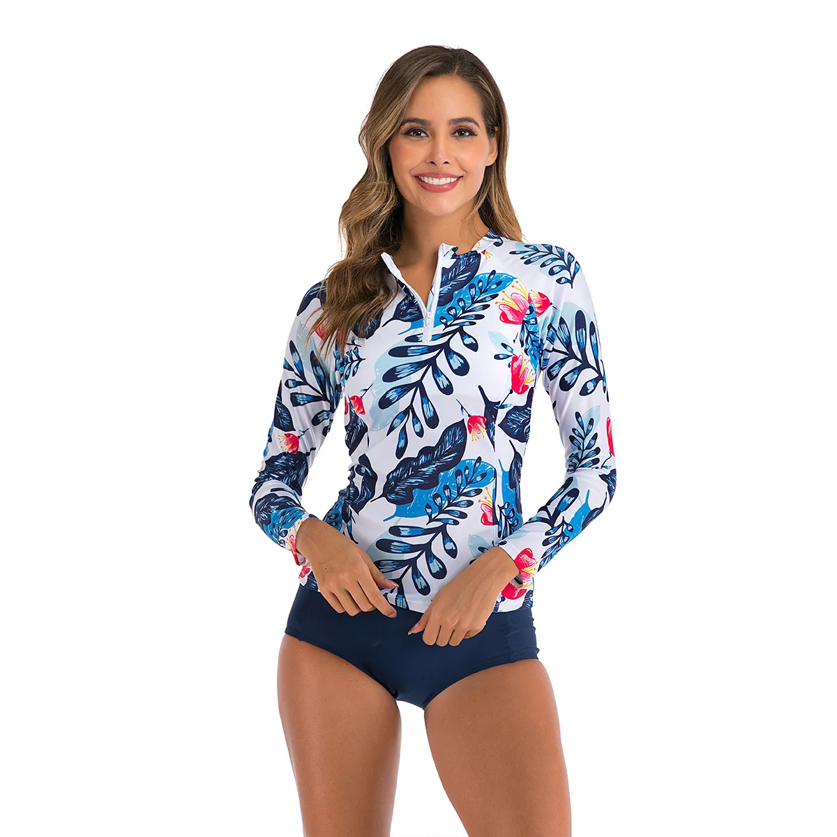 Women 2‑Piece Swimsuit Floral Print Long Sleeve Rash Guard Top High Waist Brief UPF50+ Surf Beach Diving Bathing Suit Swimwear