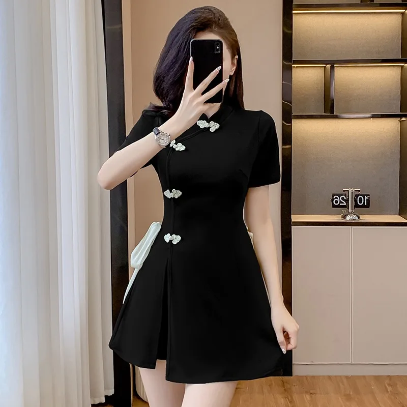 2026 Spring New Chinese Style 2-Piece Set - Black Modern Cheongsam Dress with Shorts & Frog Buttons, Vintage Retro Outfit
