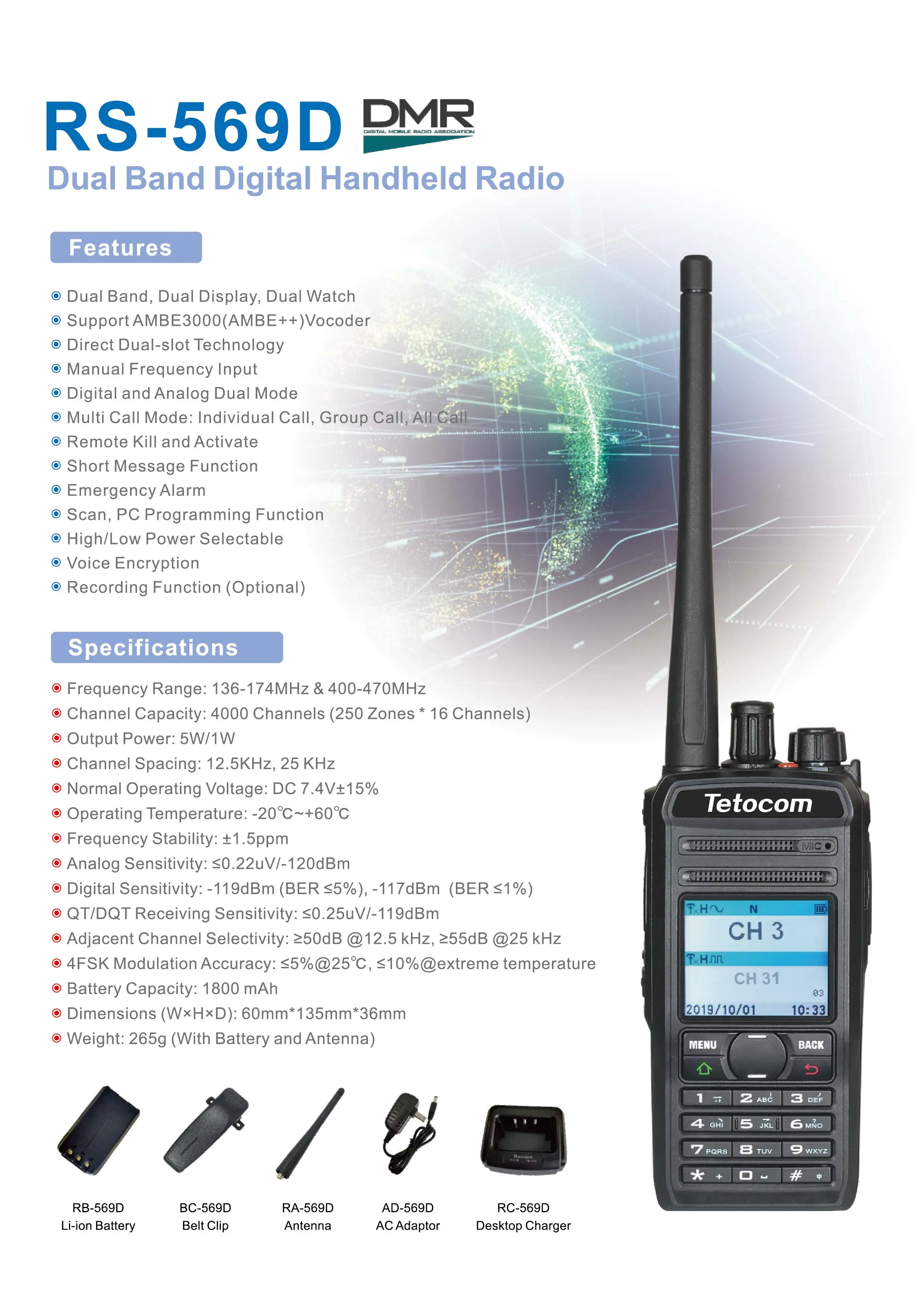 Dwuzakresowe radio cyfrowe DMR kompatybilne z MOTOTRBO poziom 1 i 2 Walkie Talkie Tetocom RS-569D