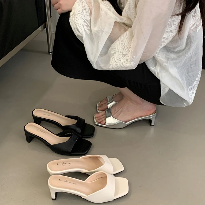 

Summer Fashion Women Square High Slippers Fashion Square Toe Shoes Ladies Outdoor Party Dress Slides