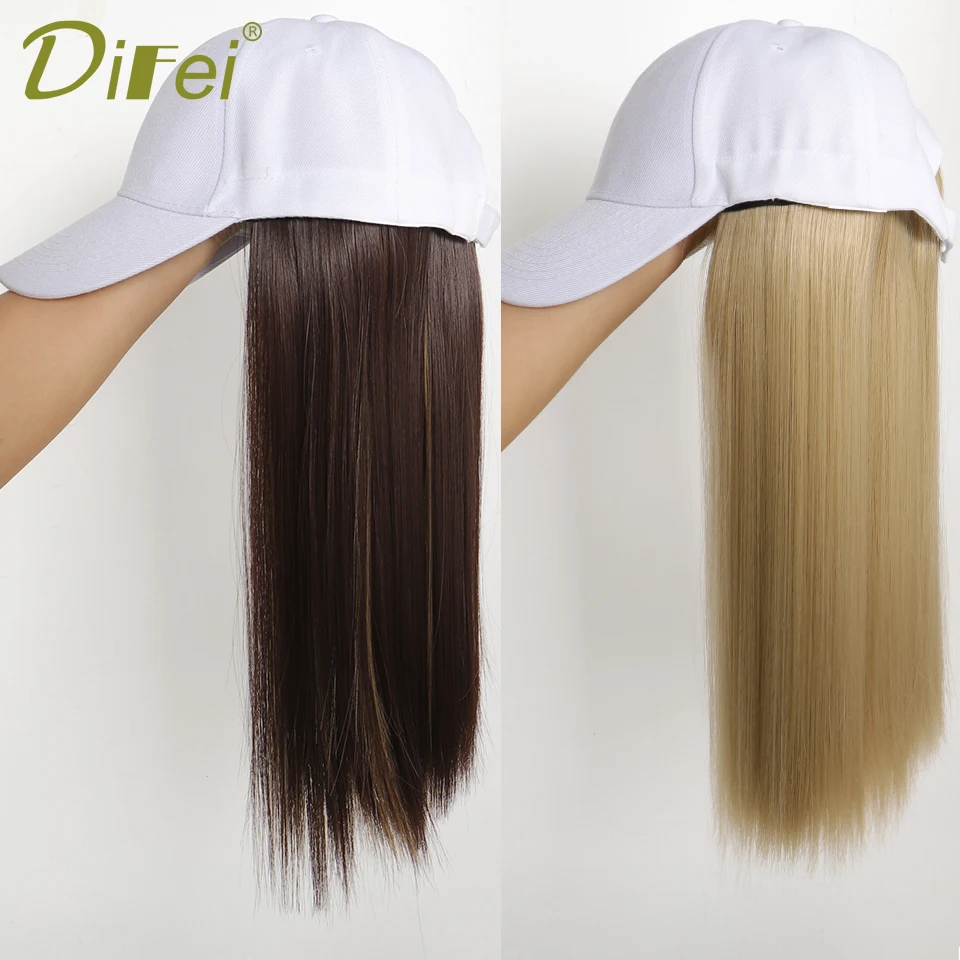 DIFEI Long Straight Synthetic Wig Baseball Cap with Hair extensions One-piece Hat Wigs Cap Connect Wig Adjustable Black Brown