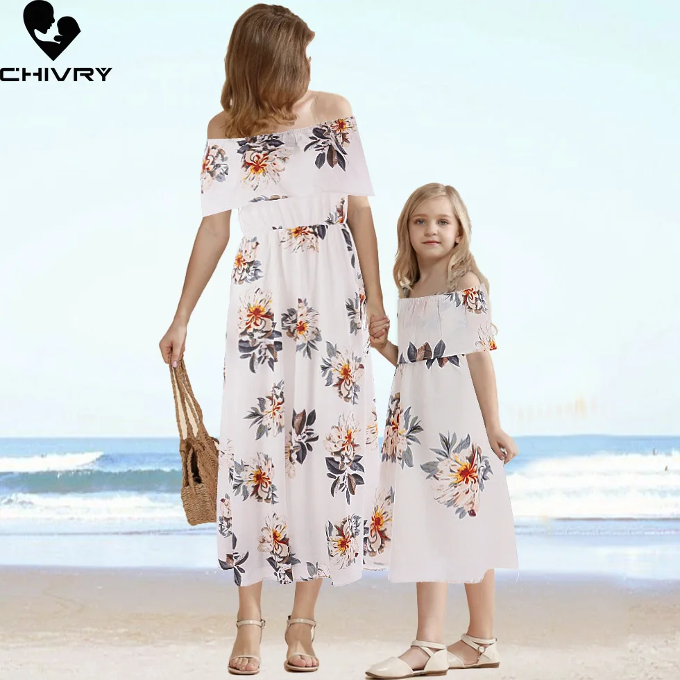 New Mother Daughter Summer Dresses Floral Slash Neck Beach Chiffon Dress Mom Mommy and Me Loose Dress Family Matching Outfits