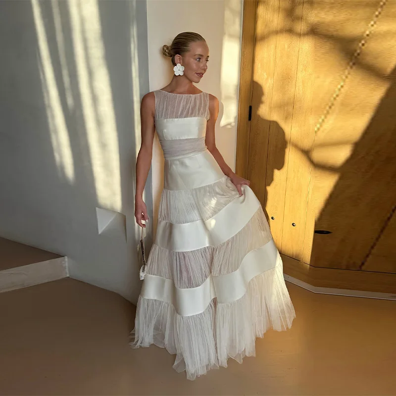 Elegantes Satin-Mesh-Tüll-Maxikleid für Damen, schickes weißes ärmelloses Patchwork-Kleid, Hochzeits-Brautkleid, formelles Abendkleid, Party-Outfit