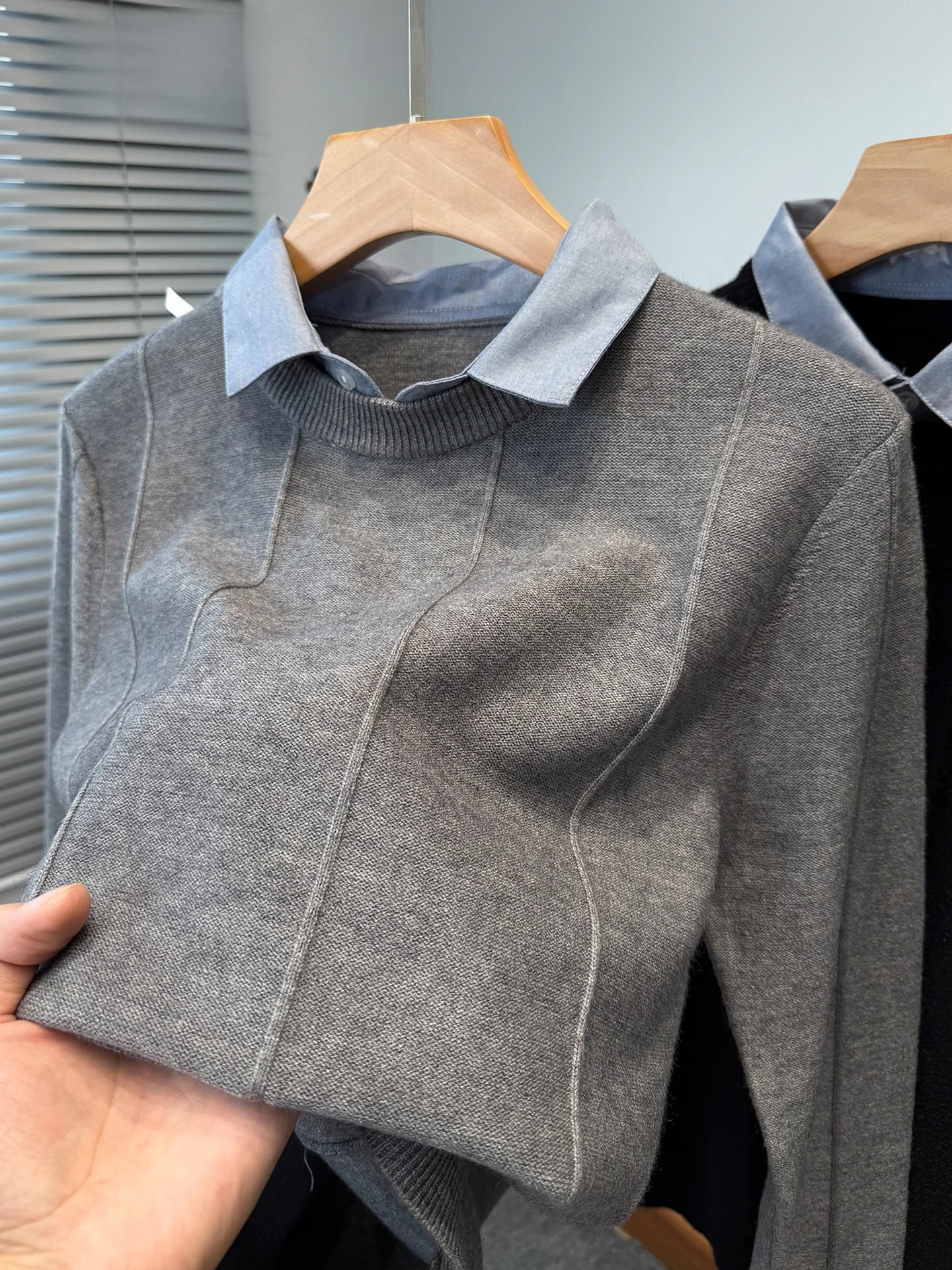 

High-End Men's Knitted irt-Sle Sweater Casual Busin Casual Base Layer Top Autumn Winter New Arrival Two-Piece Look