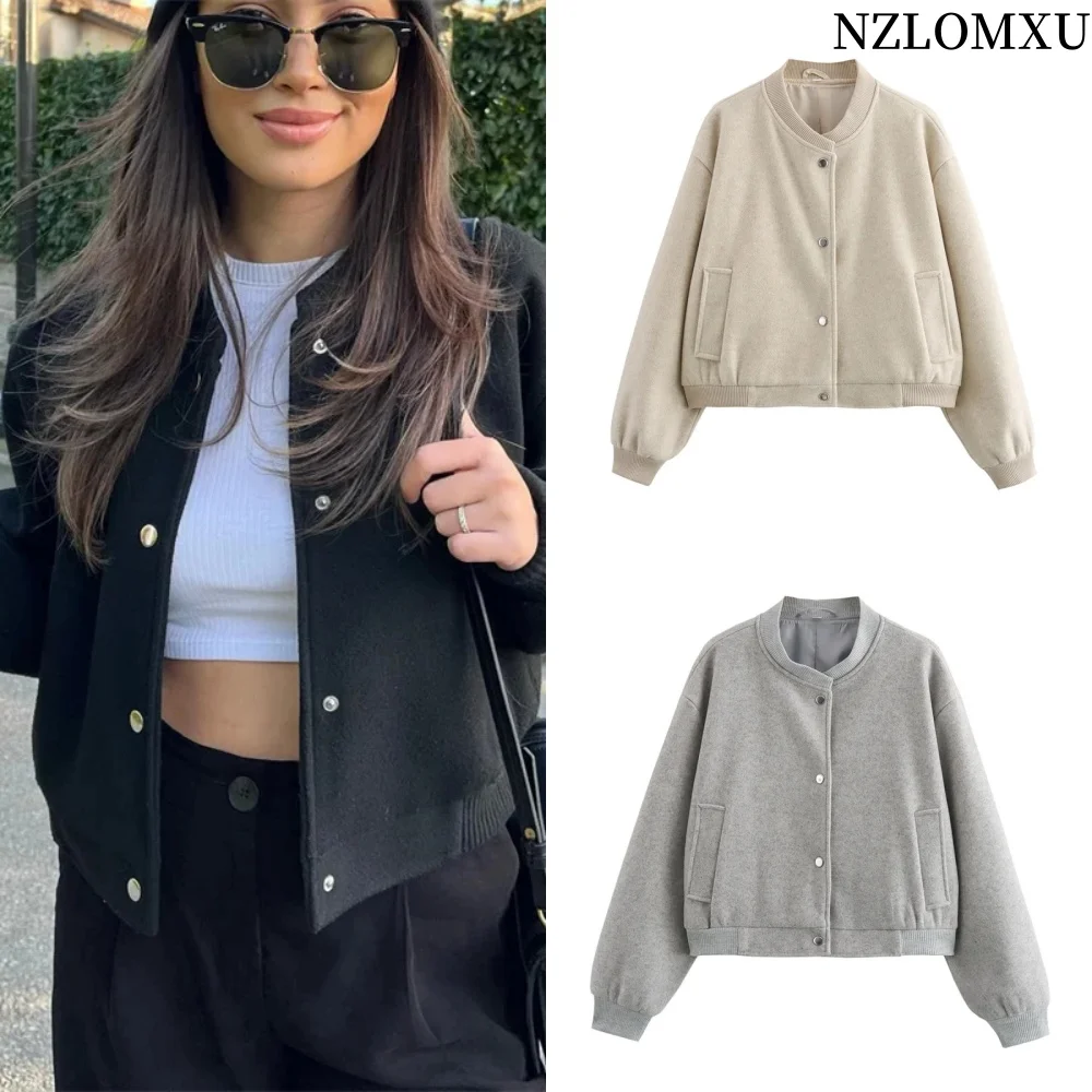 2024 Women Jacket Cropped Bomber Jackets For Women Beige Black Tweed Jacket Woman Fashion Long Sleeve New In Short Coats