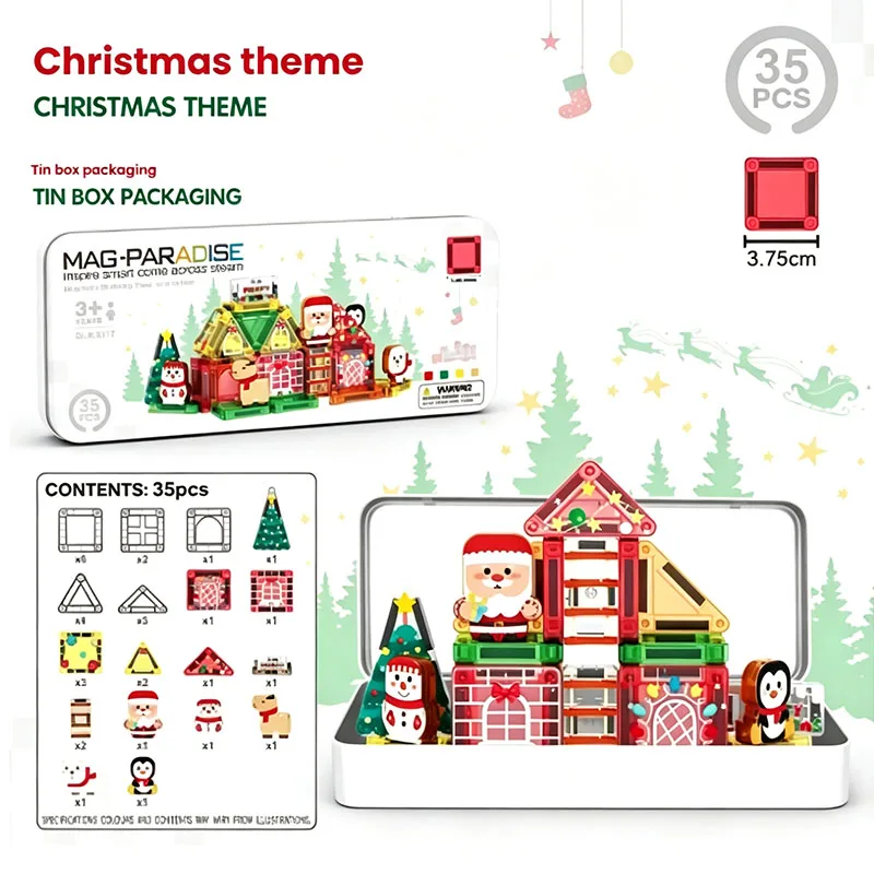 Mini Magnetic Christmas Building Blocks Cube for Stacking Construction Set Educate Sensory Toys Kids Boys Girls Ages 3+ DIY