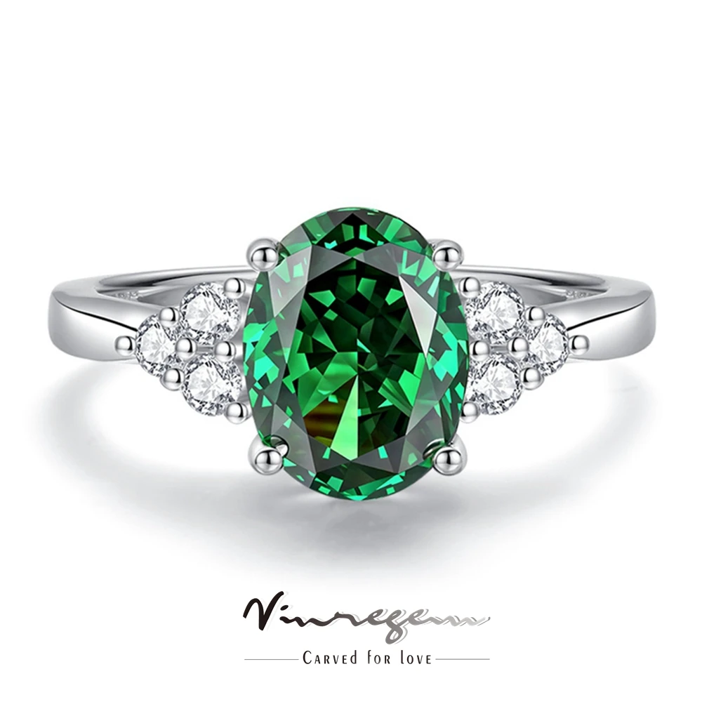 خاتم الخطوبة من الفضة الإسترليني S925 للنساء |   7 × 9 ملم بيضاوي من الياقوت الزمردي عالي الكربون الماسي |   هدية مجوهرات رائعة