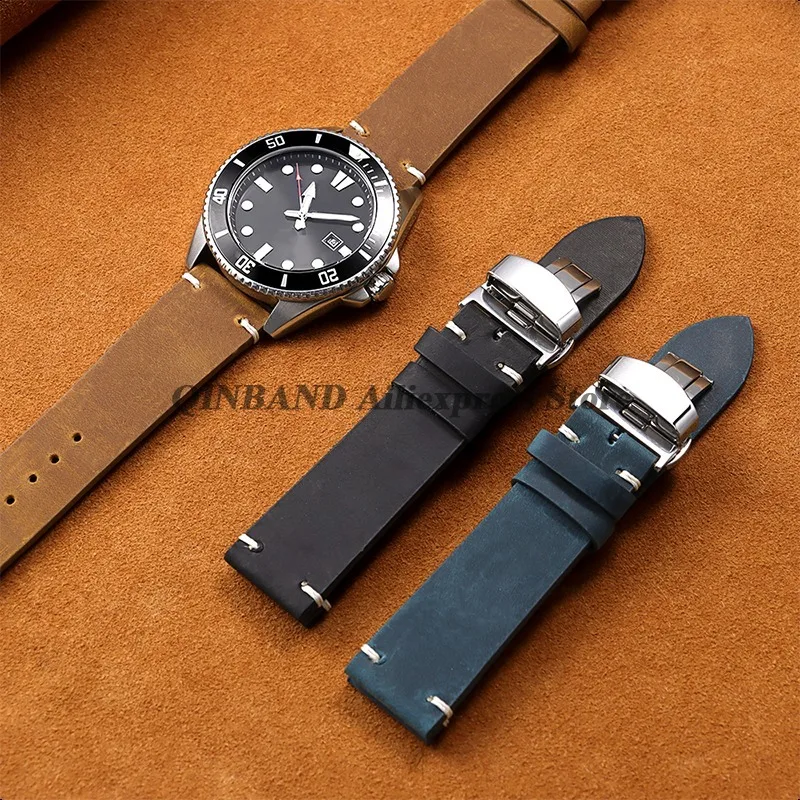

18/19/20/21/22/24 мм пряжка-бабочка, винтажные ремешки для часов из воловьей кожи, кожаный ремешок для Seiko для Omega, браслеты, браслет