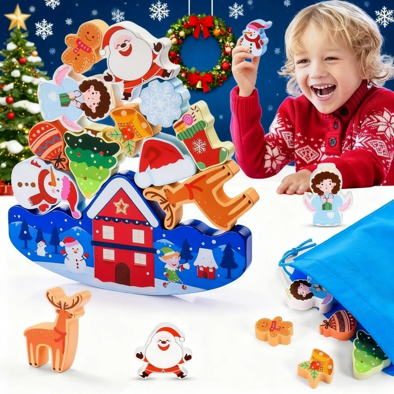 Christmas Wooden Building Blocks Stacking Toys Kids Balance Competition Game Boys Girls Sensory Puzzle Birthday Gift