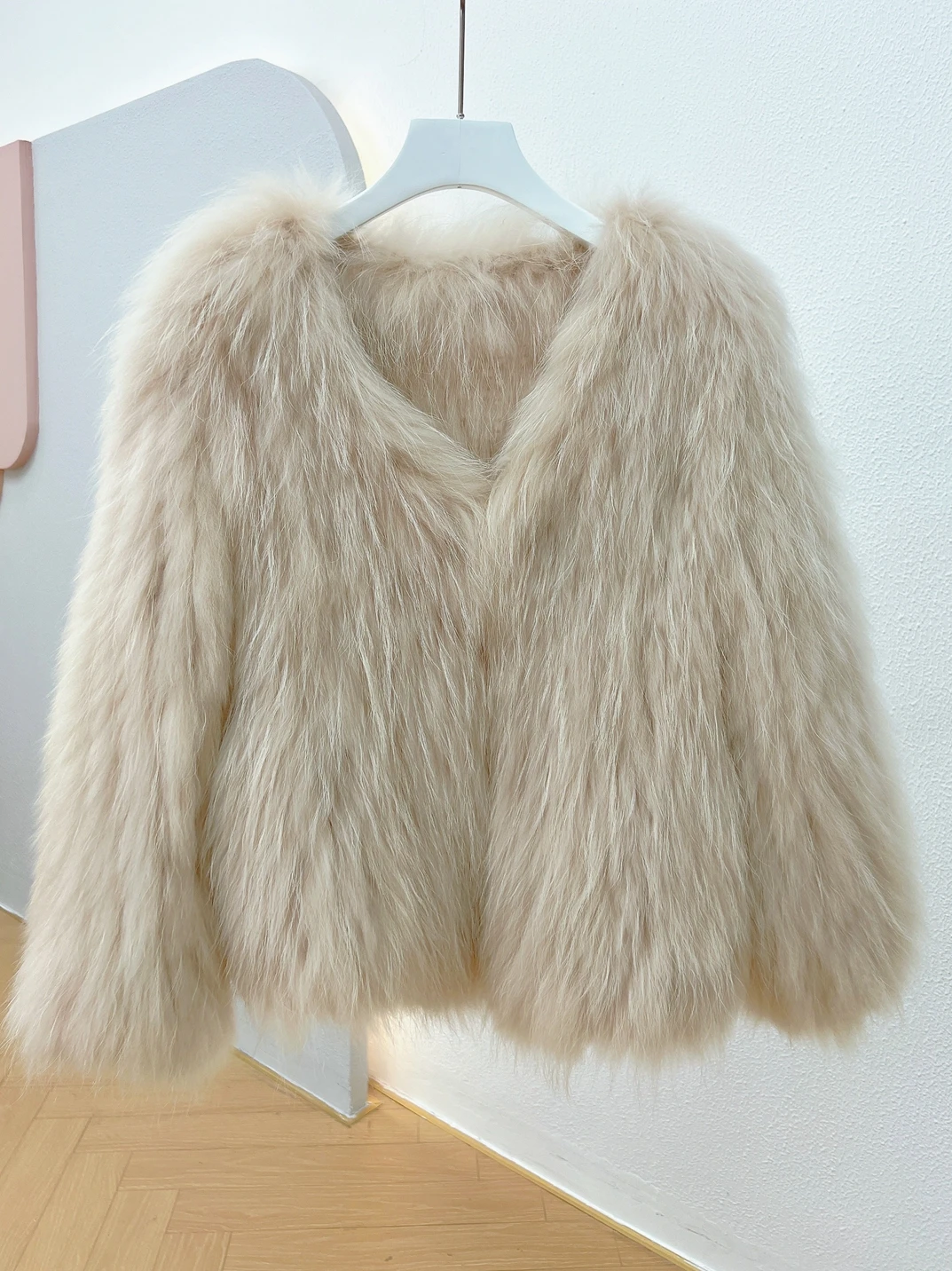 50cm Autumn Winter Women Real Raccoon Fur Coat Knitted Natural Fur Jacket Female Elegant V-neck Thick Warm Overcoat New White