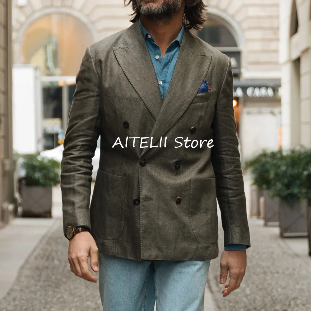 

Мужская куртка, пиджаки для мужчин, пиджаки, двубортная льняная ткань, большие карманы, повседневные деловые модные костюмы, пиджак, одежда