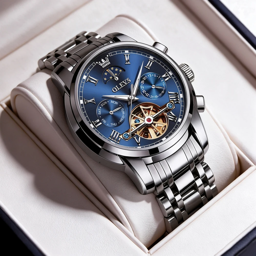 OLEVS Luxury Men Automatic Watch Blue Dial Skeleton Tourbillon Week Date Stainless Steel Band Waterproof Sport Wristwatch Reloj