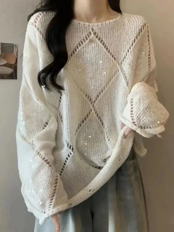 Ladies Elegant Fashion Beading Knitted Women Hollow out Mohair Pullover Autumn Winter Crew Neck Long Sleeve Sequin Sweater Tops