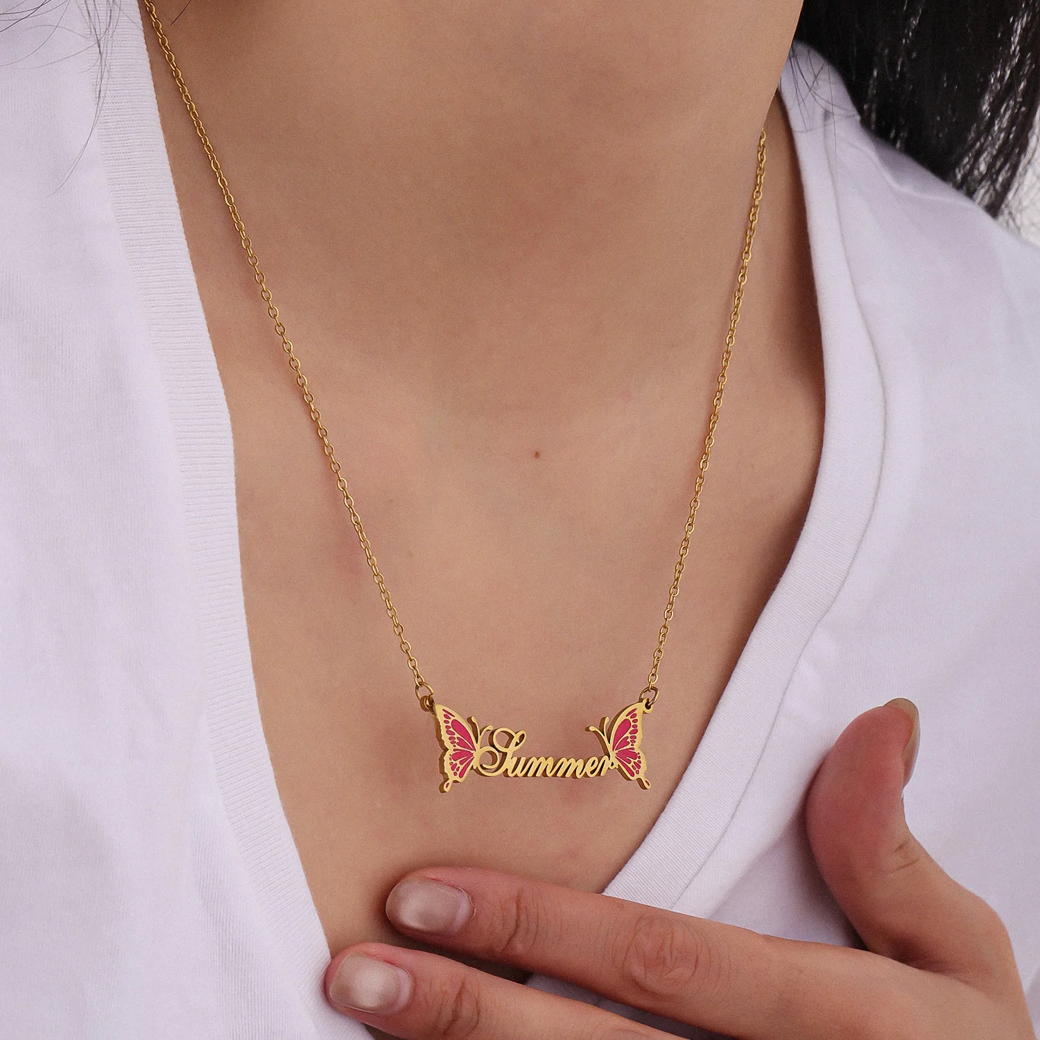 

Personalized Name Enamel with Butterfly Customized Nameplate Necklace Butterfly Necklace Freedom Necklace for Women Gift