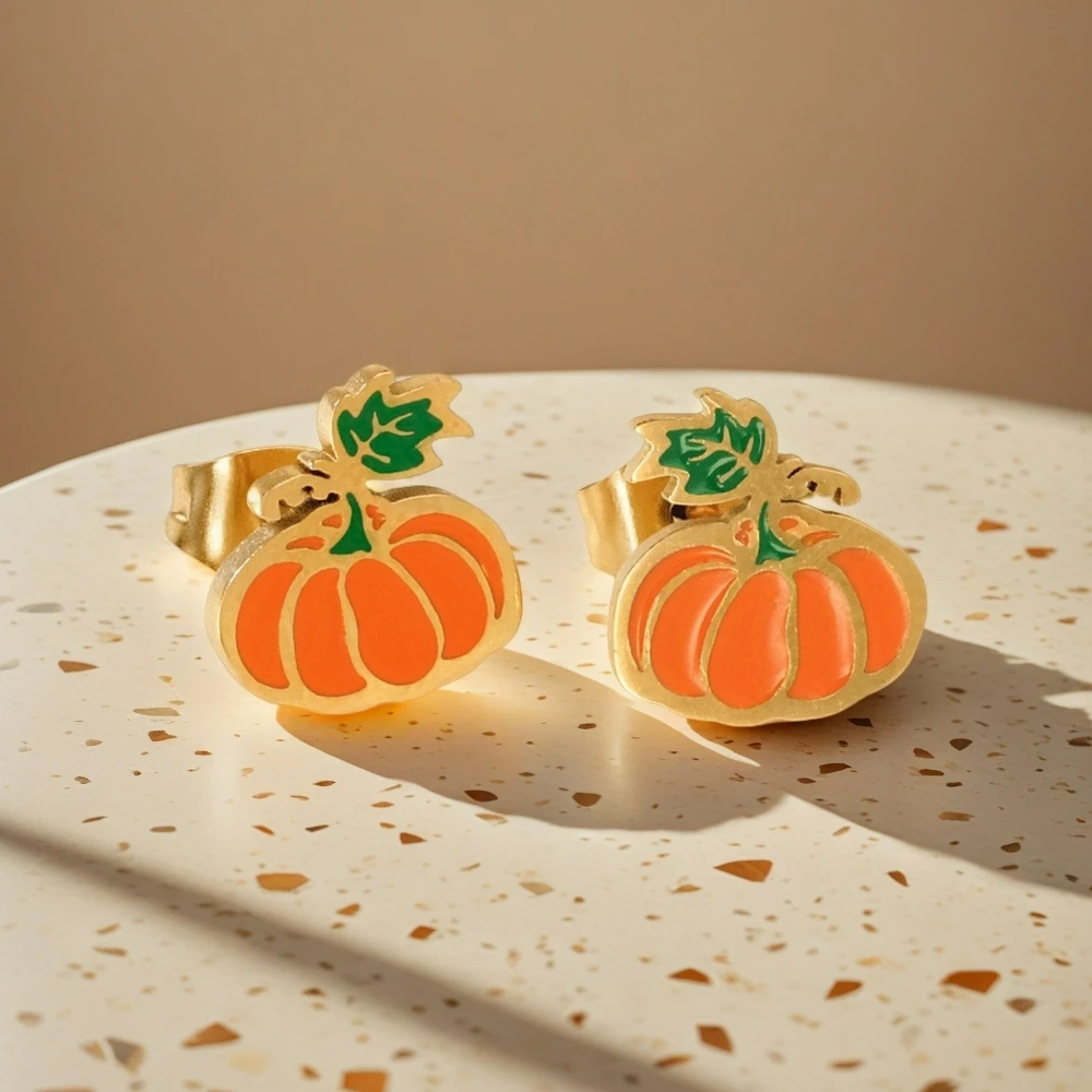 Gold Plated Stainless Steel Orange Green Enamel Pumpkin Stud Earrings Tarnish Resistant Hypoallergenic Holiday Piercing Jewelry