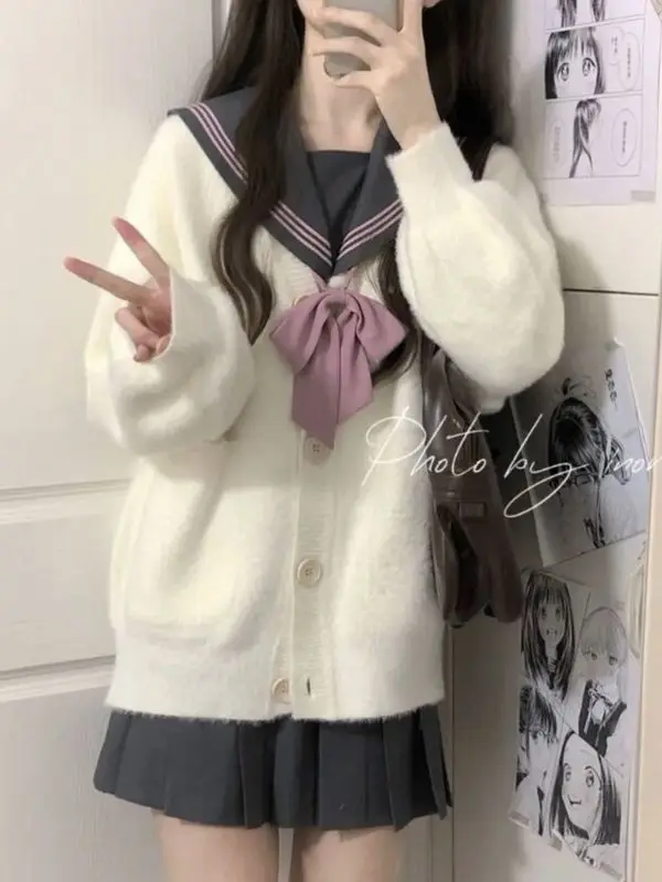 

Japan Cardigan Plush Genuine College Style Jirai Kei Uniform Suit Autumn Winter Knitting Cardigan Sailor Y2k Fashion Sweaters