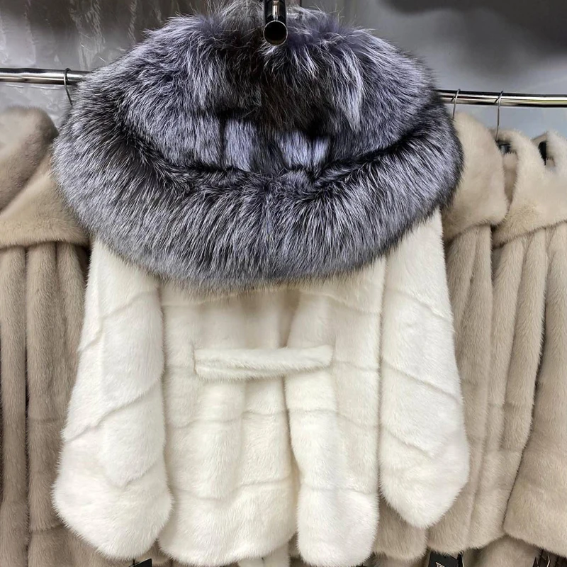 Natural Fox Fur Hooded Collar for Mink Coat Women Autumn Winter New Bat Sleeve Thicken Luxury Fashion Mink Jacket Female