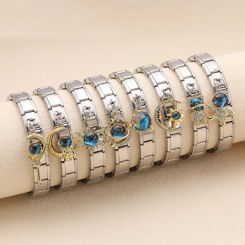 

Starry Sky Series Sun Star Moon Astronaut Pendants 9mm Italian Charm Module Elastic Stainless Steel DIY Bracelets for Woman Gift