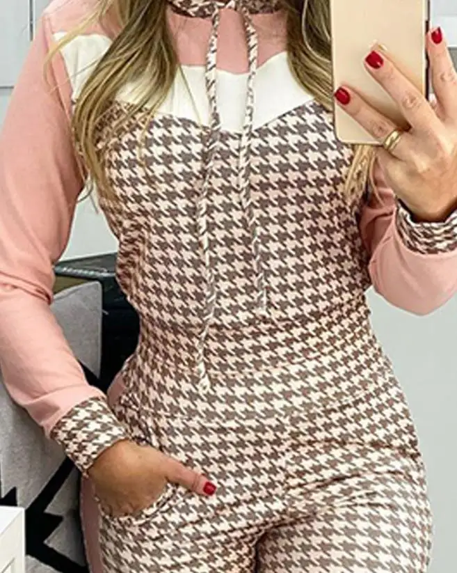 Houndstock Printed Color Blocking Top and Pocket Design Pants Set 2023 New Hot Selling Women's Fashion