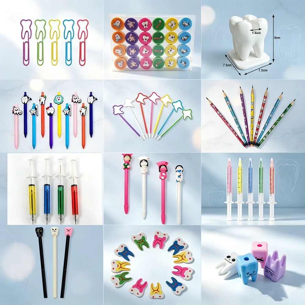 Assorted Dental Themed Stationery Gift Teeth Shaped Paper Clips Card Holder Ballpoint Pen Marker Pencil Erasers Tooth Stamps
