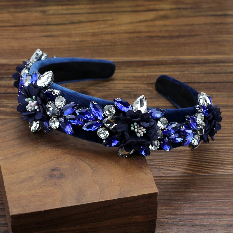 Handmade Gorgeous Blue Navy Red Crystal Flower Headbands Luxury Rhinestone Women Baroque Hairbands For Wedding Party