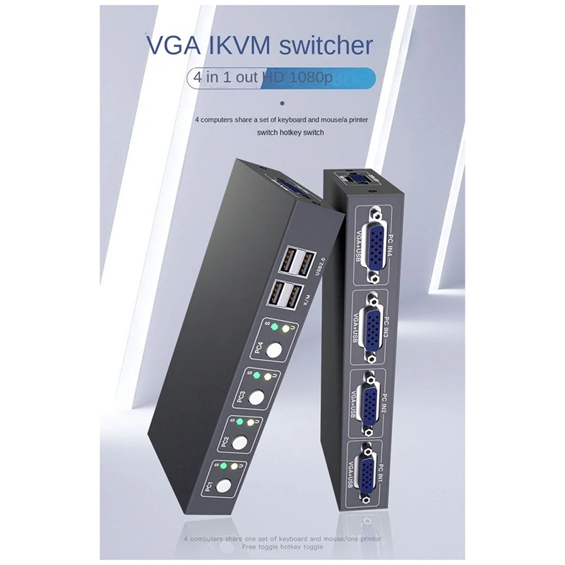 

VGA KVM Switch 4 Ports VGA Video Switcher Split Screen HD Display Enhancer Splitter Adapter for PC Monitor Projector