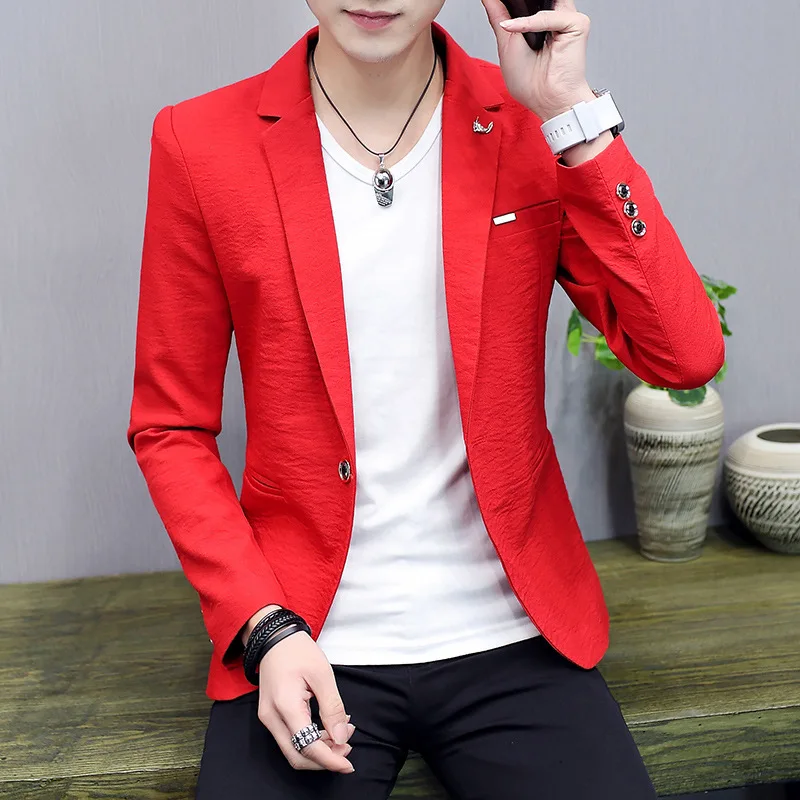 HOO 2024 Men's Personalized Wrinkle Suit Youth Spring and Autumn Handsome Casual  blazer