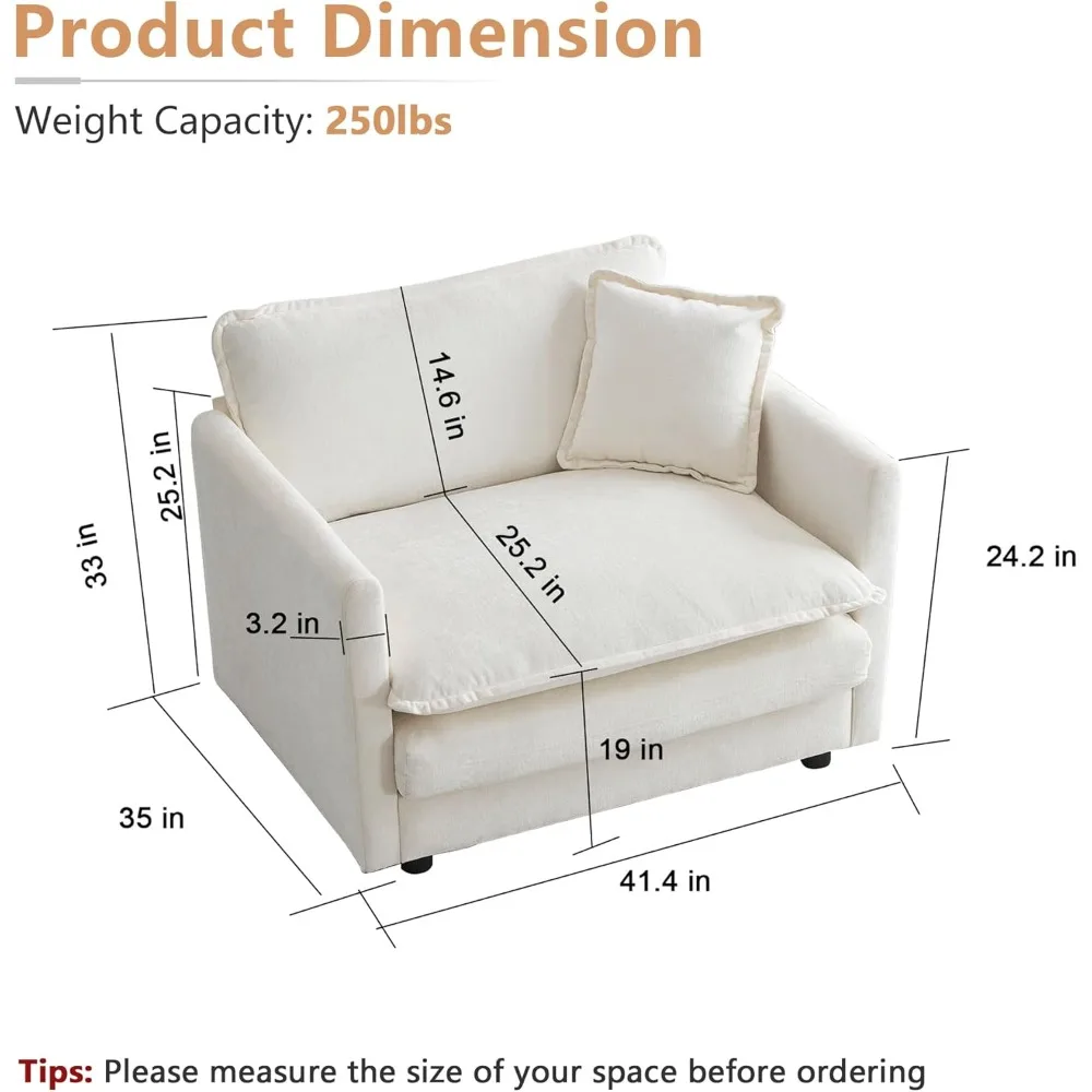 Tief sitzendes Einzelsofa aus Chenille-Stoff mit Kissen für den bequemen Einsatz im Wohn- und Schlafzimmer