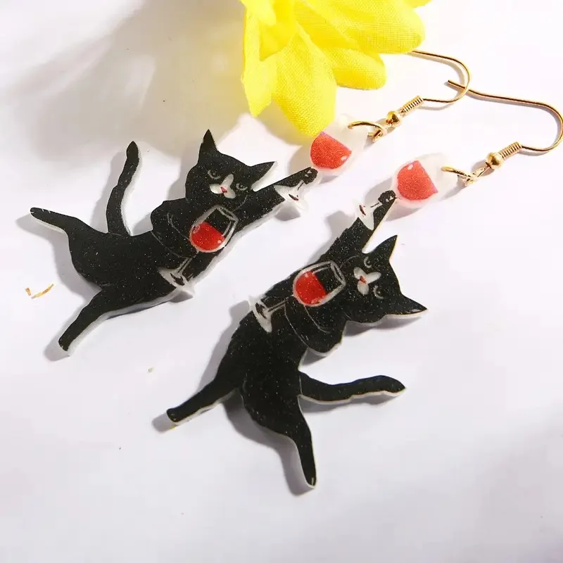 New Fashion Dancing Cartoon Cat Earring 2D Flat Halloween Creative Red Wine Glass Black Cat Earring Accessory Pendant Party Gift