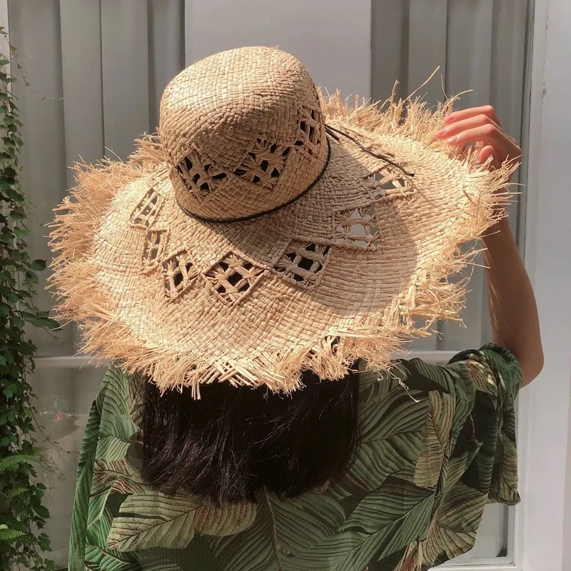 Women Summer Natural Raffia Straw Hat Female Fashion Ribbon Floppy Shading Wide Brim Sun Hats Lady  Vacation Travel Beach Hat