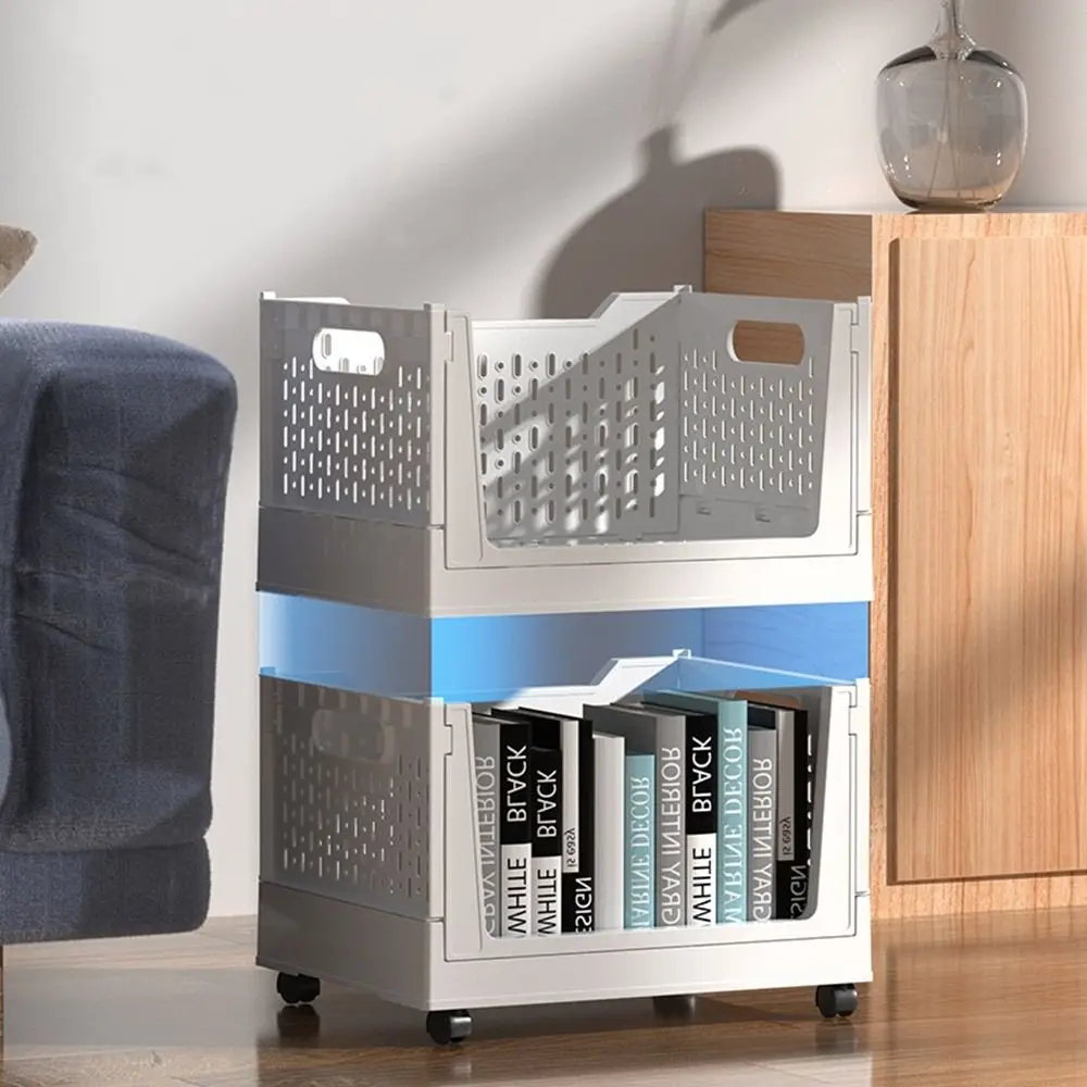 Plastic Folding Storage Box Large Capacity Stackable Book Storage Basket Space Saving with Wheels Wheeled Sundry Basket Office