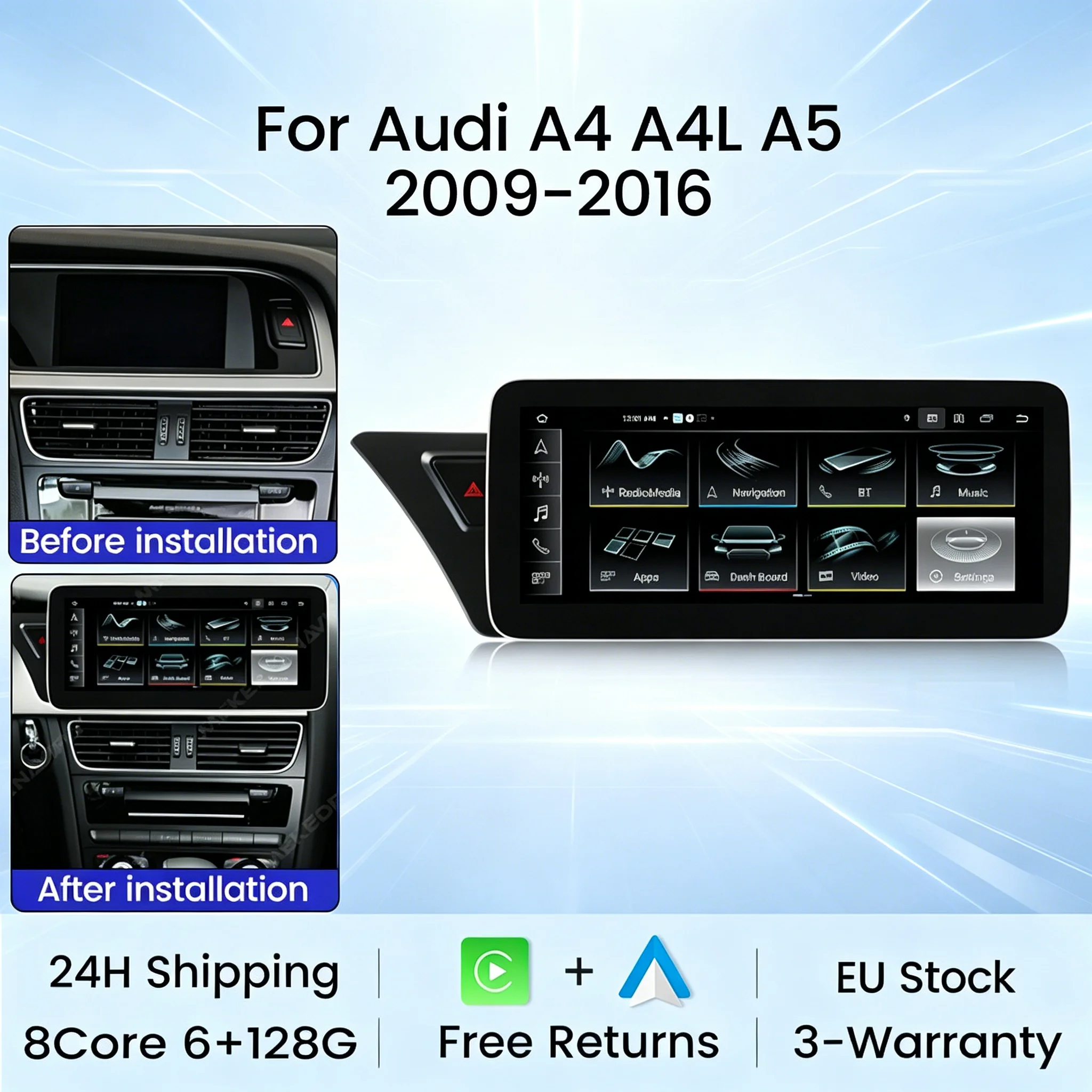 Système radio intelligent pour voiture Android Auto sans fil CarPlay, compatible avec Audi A4 A5 A4L B8 2009-2016, 4G Wifi GPS Audio DSP, lecteur multimédia embarqué, Plug and Play, stock UE