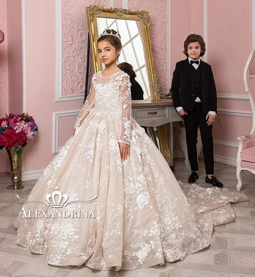 FATAPAESE Vintage Flower Girl Dresses for Kids Princess White Gown Long Sleeve Illusion Lace Floral Tulle Wedding Even Party