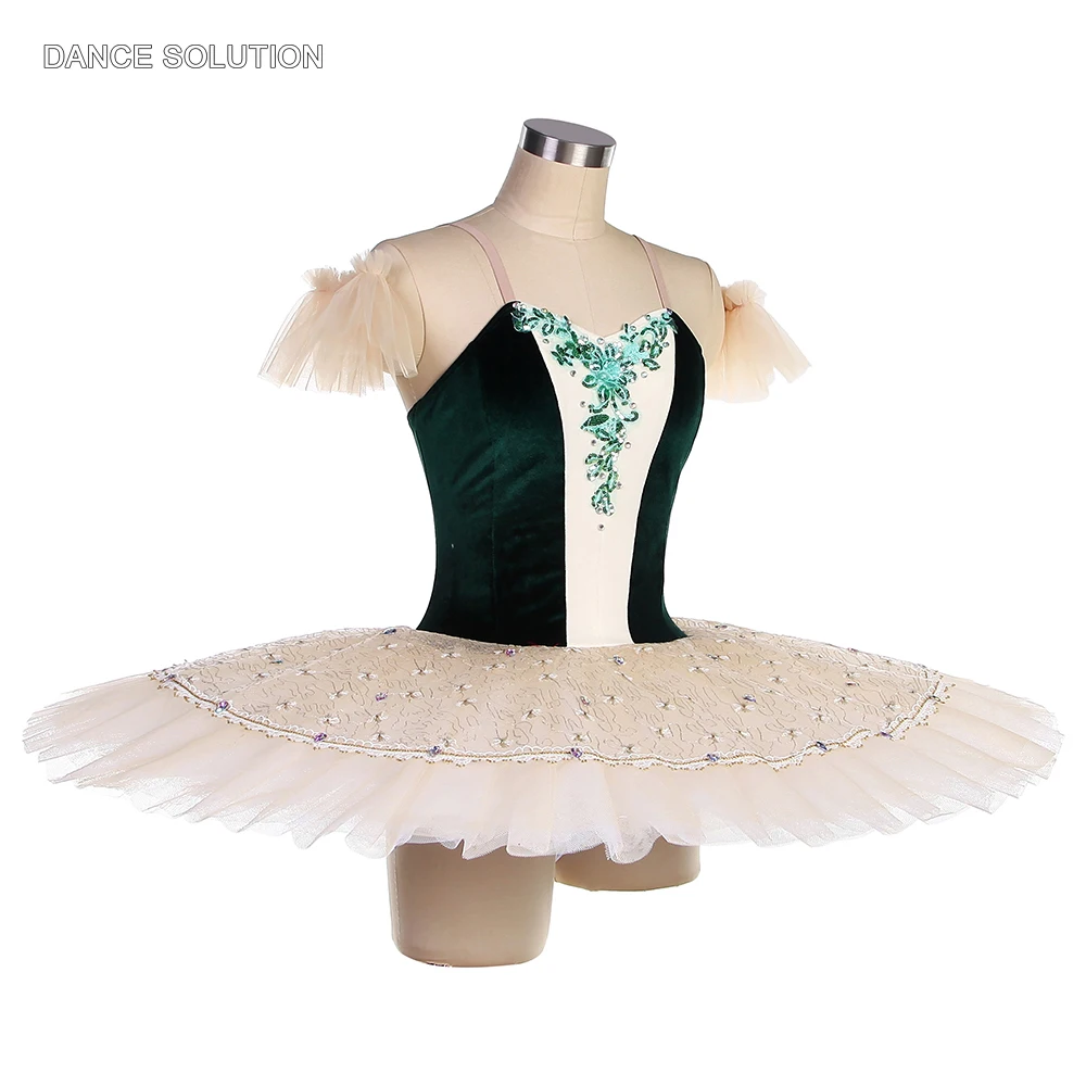Professional Ballet Tutu Costume Dark Green Velvet Bodice with Ivory Pancake Tutu Skirt Ballet Outfit for Women & Girls BLL546