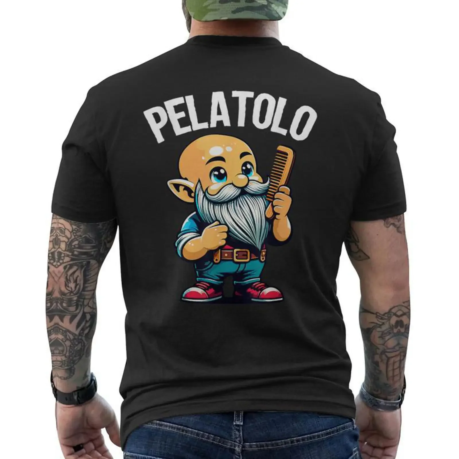 Camiseta divertida para hombre con estampado trasero vintage de Nano Pelatolo Calvo Testa Pelata, con efecto lavado, ligeramente casual y elástica.