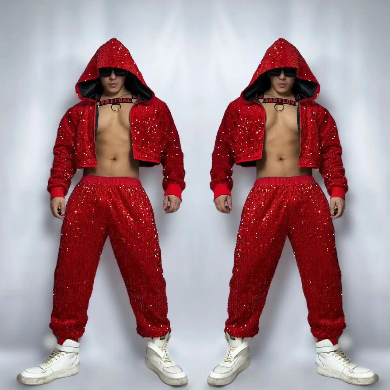 

Red Sequins Party Rave Outfit Hip Hop Dancing Clothes Male Festival Clothing Nightclub Dj Ds Gogo Show Dance Costume VDB5811